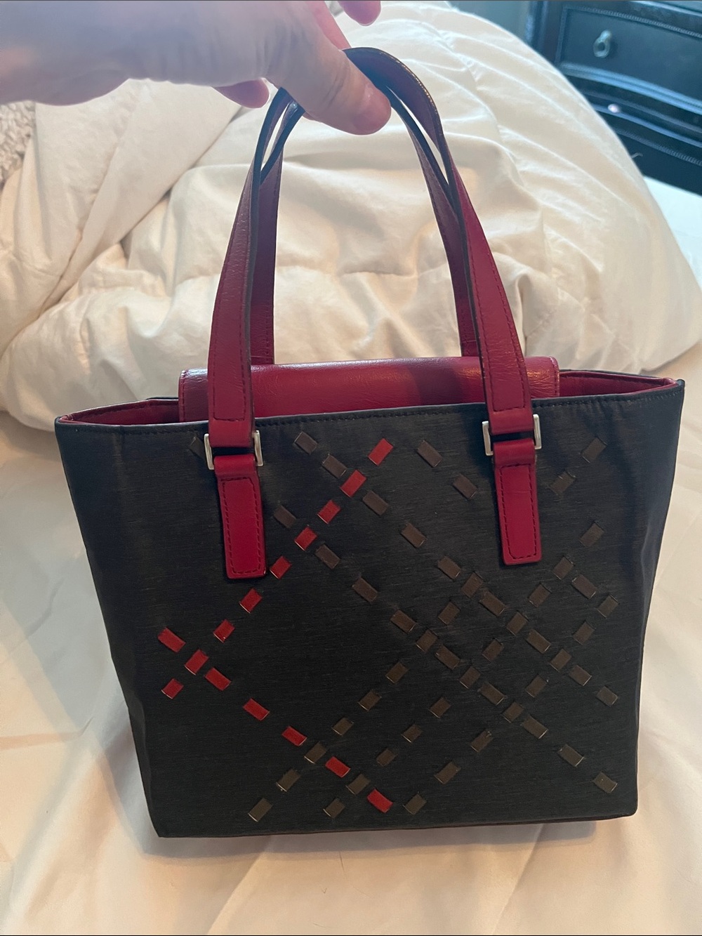 Or berry Women’s Black Tote Bag with Red Accents, canvas material